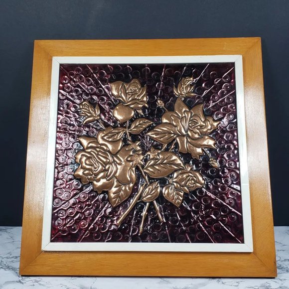 Embossed Copper Roses Artist Signed Vintage - Picture 2 of 5